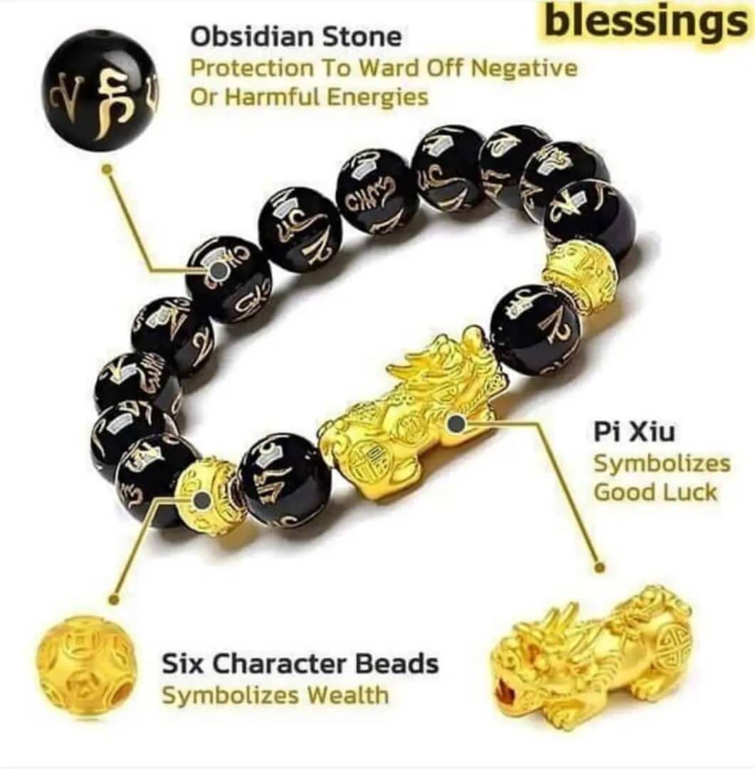 Every part labeled: obsidian stone, Pixiu, six character beads