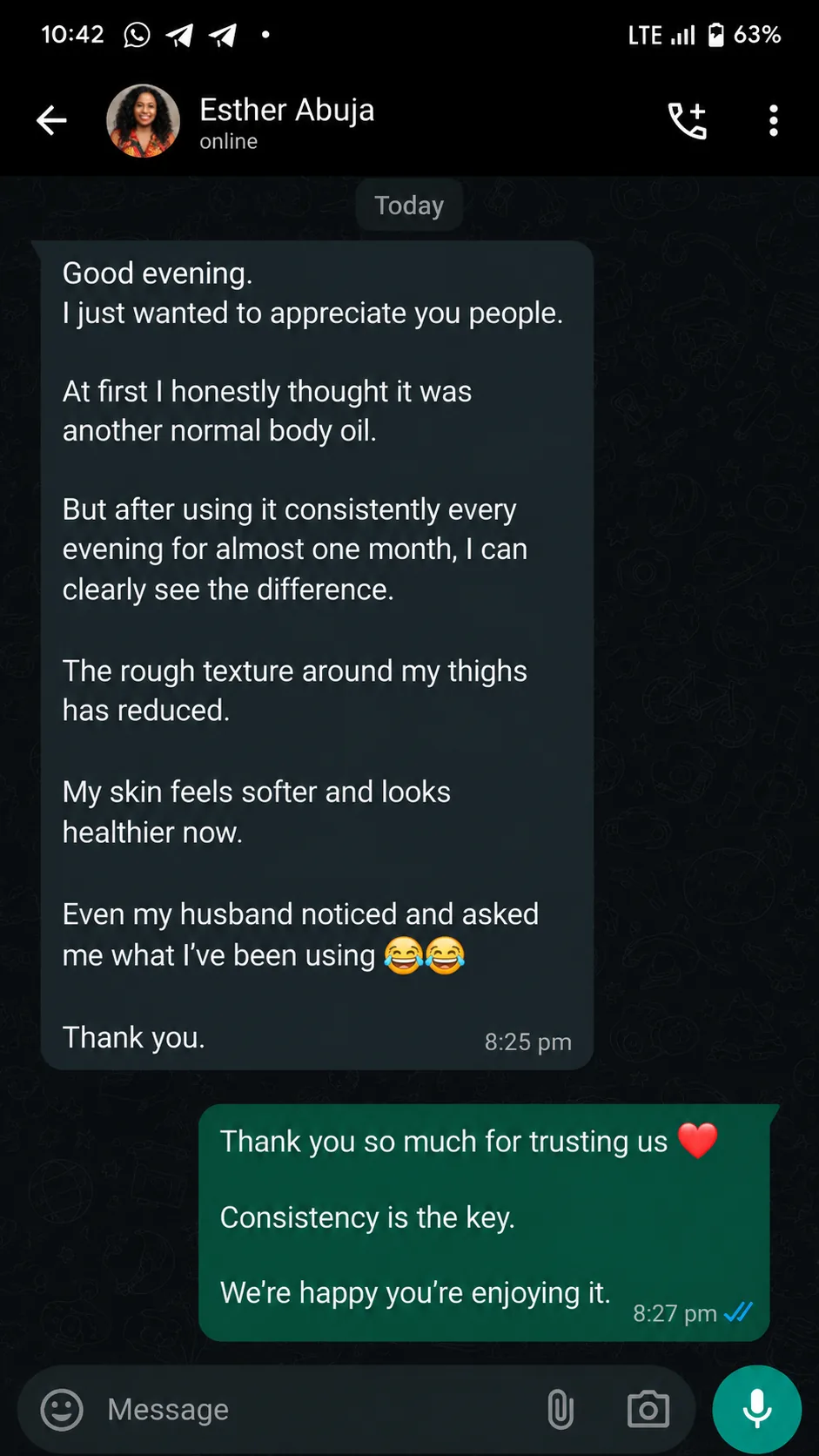 Customer message from Esther Abuja