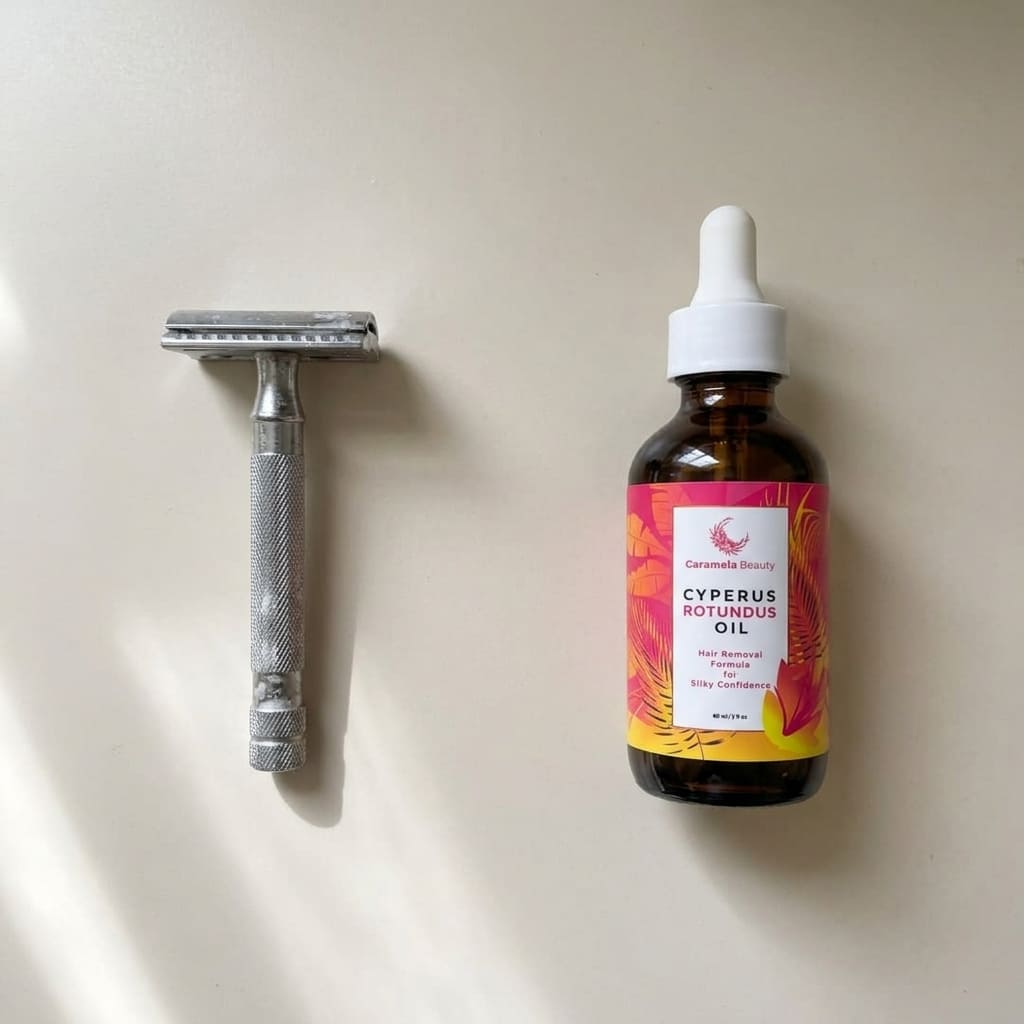 A razor and the Cyperus Rotundus Oil bottle side by side on a counter